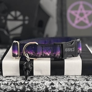 GRIEF - Goth Cemetery Dog Collar, Spooky Raven Dog Collar, Standard Personalized Quick Release Buckle Collar, Graveyard Silhouette Collar