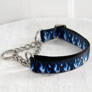Panic Martingale - Blue Flame Martingale, 5/8&quot; 1&quot; or 1.5&quot; Fabric or Chain Martingale Dog Collar, Fire Pattern Martingale, Hades Dog Collar