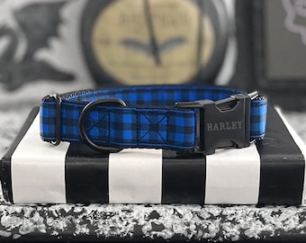 ADMIRAL - Blue Plaid Dog Collar - 3/8" 5/8" 1" or 1.5" Punk Dog Collar - Standard Dog Collar with Personalized Buckle - Black Metal Collar