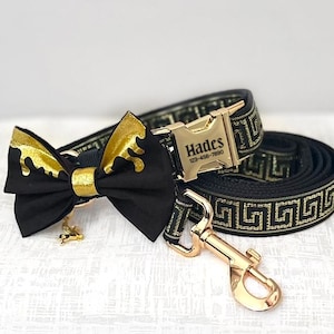 Muse Set - Gold Metallic Greek Key Halsband und Leinen Set, 3-teiliges Halsband-Set, Gassi-Set, Stoffhalsband Geschenkset für Hunde