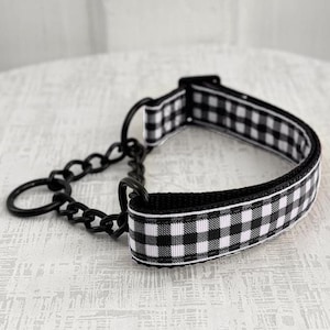 Zero Martingale - Collar para perro con martingala a cuadros de búfalo blanco, cadena de 1,6 cm, 2,5 cm o 3,8 cm con hebilla personalizada, collar de metal negro