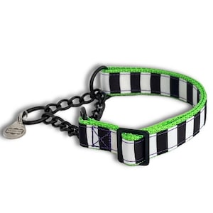 Black and White Striped Martingale Dog Collar: 5/8&quot; 1&quot; or 1.5&quot; Halloween Fabric Martingale, Black Metal Chain Martingale, Optional Buckle