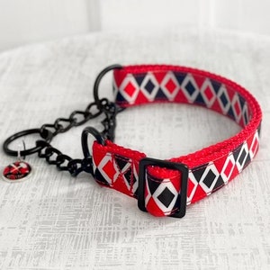 Harleen Martingale - Red and Black Diamond Martingale, 5/8&quot; 1&quot; 1.5&quot; Metal Chain No Pull Dog Collar with Buckle, Jester Fabric Martingale