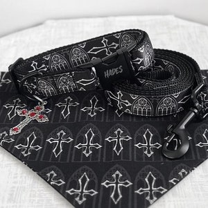 COVEN SET - Gothic Cross and Cathedral Window Dog Collar and Leash Set - 3 Piece Occult Collar Set - Small or Large Breed Dog Walking Bundle