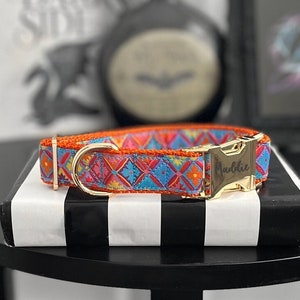 BLOO - Orange Floral Damask Dog Collar - Colorful Abstract Flower Collar - Personalized Gold Metal Buckle Dog Collar - Handmade Pet Collar