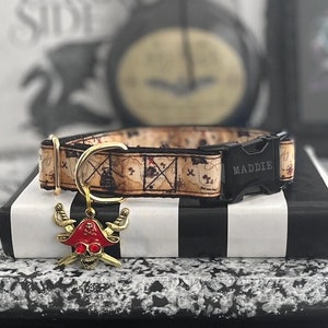 HOOK - Piraten Hundehalsband - Piraten Hundehalsband mit Schatzkarten Muster - Sea Captain Standard Hundehalsband - Handgefertigtes Piratenschiff Halsband mit Gravur Schnalle