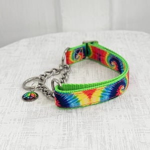 Groovy Martingale - Rainbow Tie Dye Martingale, Custom 5/8&quot; 1&quot; or 1.5&quot; Fabric or Chain Martingale Dog Collar, Hippie Martingale Collar