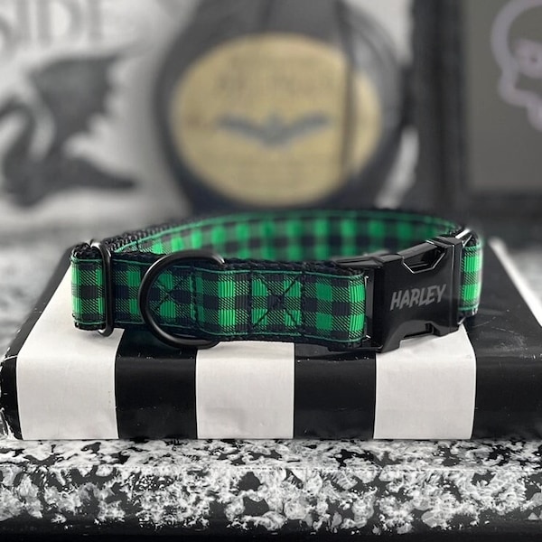 PINE - Green Plaid Dog Collar - 3/8" 5/8" 1" or 1.5" Emerald Green Collar - Personalized Black Metal Buckle Collar - Plaid Tactical Collar