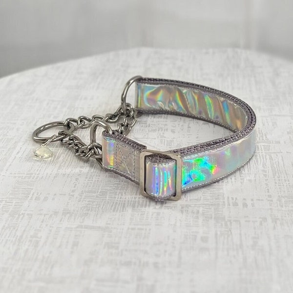 GEM Martingale - Silver Holographic Martingale,  5/8" 1" 1.5" Fabric or Chain Martingale Dog Collar, Iridescent Martingale Dog Collar
