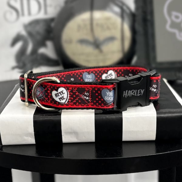 SASSY - Red Polka Dot Dog Collar - Rude Candy Heart Pattern Collar - Personalized Black Buckle Collar - Anti Valentine's Day Dog Collar