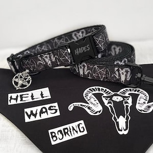 SINISTER SET - Devil Dog Collar and Leash Set - Satanic 3 Piece Collar Set - Gothic Pentagram Collar Bundle For Small or Large Dogs