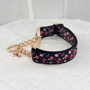 AURORA Martingale - Pink and Red Rose Martingale, 5/8" 1" or 1.5" Girly Fabric or Gold Chain Martingale Dog Collar, Spring Floral Martingale