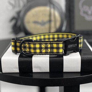 BEE - Yellow Plaid Dog Collar - Engraved Dog Collar - Handmade Pet Collar - Plaid Martingale - Black Buckle Dog Collar - Punk Dog Collar