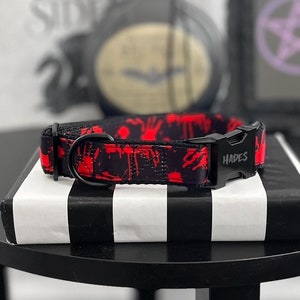 DESPAIR - Blood Splatter Dog Collar - 3/8&quot; 5/8&quot; 1&quot; or 1.5&quot; Gory Horror Collar - Engraved Black Buckle Standard Dog Collar - Gothic Collar