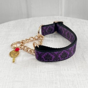 FAIREST Martingale - Gothic Purple Damask Martingale Dog Collar, 5/8" 1" 1.5" Fabric or Chain Martingale with Buckle, Magic Mirror Collar