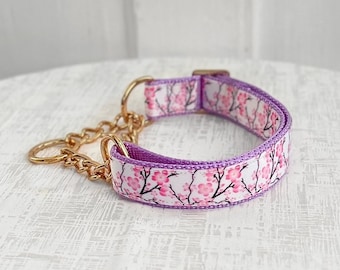 Emma Martingale - Cherry Blossom Martingale, 5/8" 1" or 1.5" Girly Fabric or Gold Chain Martingale Dog Collar, Lavender Floral Martingale