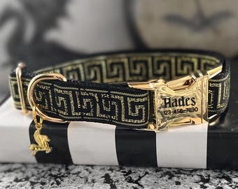 Muse - Pegasus Dog Collar, Gold Key Pattern Standard Collar, Fashion Pet Collar, Plastic or Metal Buckle Collar, Metallic Gold Collar