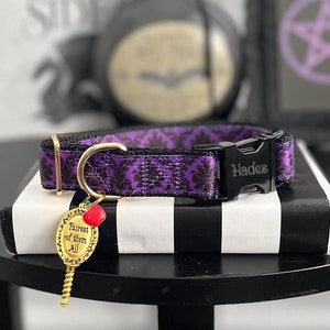 FAIREST - Purple and Black Damask Dog Collar - Gothic Dog Collar - Personalized Black Buckle Standard Collar - Magic Mirror Villain Collar