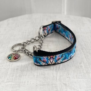 CALYPSO Martingale - Blue Agate Marble Martingale, 5/8" 1" or 1.5"  Fabric or Silver Chain Martingale Dog Collar, Marbled Geode Dog Collar