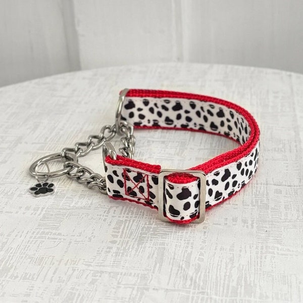 CRUELLA Martingale - Dalmatian Martingale Collar, 5/8" 1" 1.5" Fabric or Silver Chain Martingale Dog Collar, Black and White Spotted Collar