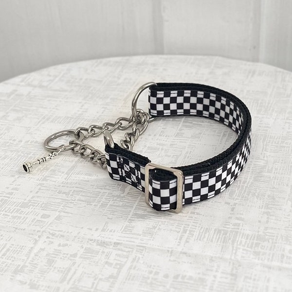 MATE Martingale - Black and White Checkered Martingale, 5/8" 1" 1.5" Fabric or Chain Martingale Dog Collar, Punk Martingale Dog Collar