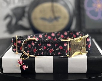 AURORA - Pink and Red Rose Dog Collar - Floral Standard Dog Collar - Engraved Gold Buckle Collar - Spring Dog Collar - Dragonfly Dog Collar