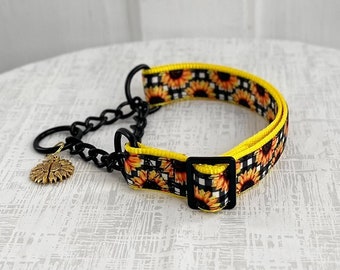 SOLEIL Martingale - Sunflower Martingale, 5/8" 1" 1.5" Fabric or Chain Martingale Dog Collar, Black and White Gingham Flower Martingale