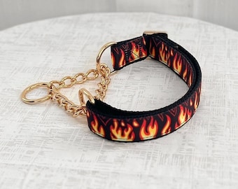 PAIN Martingale - Red Flame Martingale, 5/8" 1" or 1.5" Fabric or Chain Martingale Dog Collar, Fire Pattern Martingale, Buckle Martingale