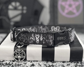 SINISTER - Satanic Dog Collar - 3/8&quot; 5/8&quot; 1&quot; or 1.5&quot; Devil Dog Collar - Goth Engraved Standard Collar - Goat Skull and Pentagram Dog Collar