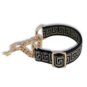 Muse Martingale - Schwarz und Gold griechischer Schlüssel Martingale, 5/8 &quot;oder 1&quot; Martingale Hundehalsband mit goldener Kette, Pegasus Metallic Fabric Martingale
