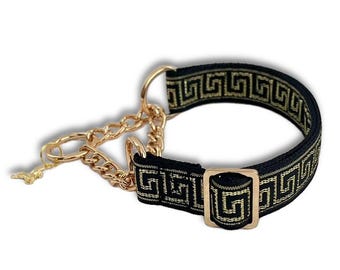 Muse Martingale - Black and Gold Greek Key Martingale, 5/8&quot; or 1&quot; Martingale Dog Collar With Gold Chain, Pegasus Metallic Fabric Martingale