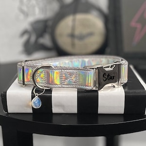 GEM - Holographic Dog Collar - Opalite Crystal Dog Collar - Handmade Silver Holo Standard Collar - Plastic or Metal Buckle Iridescent Collar