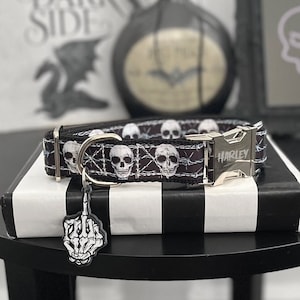 FESTER - Skull and Barbed Wire Dog Collar - Punk Skeleton Pattern Standard Collar - 3/8" 5/8" 1" or 1.5" Wide Spooky Halloween Dog Collar