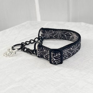 GOMEZ Martingale - Spider Web Martingale, 5/8" 1" 1.5" Martingale Dog Collar With Engraved Buckle, Spider Collar, Halloween Martingale