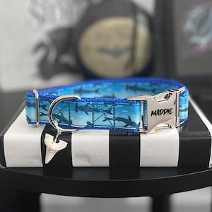 Jaws - Hammerhead Shark Dog Collar, 3/8&quot; 5/8&quot; 1&quot; or 1.5&quot; Wide Ocean Pattern Collar,  Personalized Quick Release Buckle Collar, Summer Collar