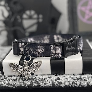 DREAD  - Death Moth Dog Collar - Gothic Dog Collar - Personalized Black Buckle Standard Collar - Floral Insect Collar - Death's Head Collar