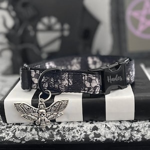 Dread - Death Moth Dog Collar, Gothic Fabric Collar With Personalized Buckle, Floral Hawkmoth Collar, Adjustable Nylon ID Collar With Name