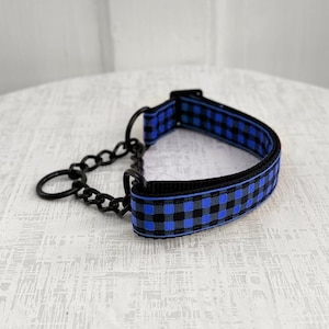 Admiral Martingale - Collar para perro con diseño de cuadros de búfalo azul y negro, de metal negro de 1,6 cm, 2,5 cm o 3,8 cm, con cierre de nailon.