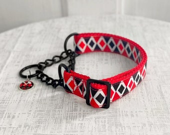 HARLEEN Martingale - Red and Black Diamond Martingale, 5/8" 1" 1.5" Fabric or Chain Martingale Dog Collar with Buckle, Jester Martingale