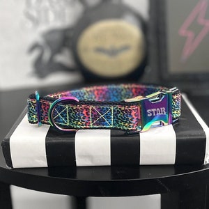 JADE - Rainbow Leopard Dog Collar - Custom Metal Buckle Standard Dog Collar - Colorful Animal Print Collar - Personalized Collar for Dogs