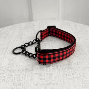 Crimson Martingale - Red and Black Plaid Martingale Dog Collar, 5/8&quot; 1&quot; or 1.5&quot; Chain Martingale With Metal Hardware, Fabric Slip Dog Collar