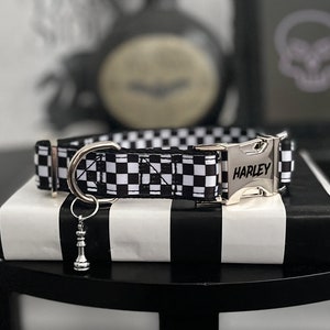 MATE - Checkered Dog Collar - 3/8" 5/8" 1" or 1.5" Punk Standard Dog Collar - Personalized Plastic or Silver Buckle Collar - Racing Collar