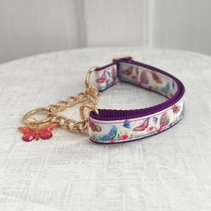 Flutter Martingale - Floral Butterfly Martingale, 5/8&quot; 1&quot; or 1.5&quot; Wide Martingale Dog Collar, Gold Chain Dog Collar, Spring Flower Collar