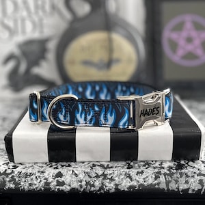 PANIC - Blue Flame Dog Collar - 3/8&quot; 5/8&quot; 1&quot; or 1.5&quot; Fire Pattern Collar - Hades Dog Collar - Personalized Silver Buckle Standard Dog Collar