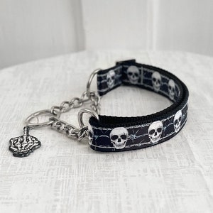 FESTER Martingale - Skull and Barbed Wire Martingale, 5/8" 1" 1.5" Fabric or Silver Chain Martingale Dog Collar, Punk Skeleton Dog Collar