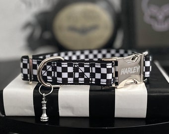 MATE - Checkered Dog Collar - 3/8" 5/8" 1" or 1.5" Punk Standard Dog Collar - Personalized Plastic or Silver Buckle Collar - Racing Collar