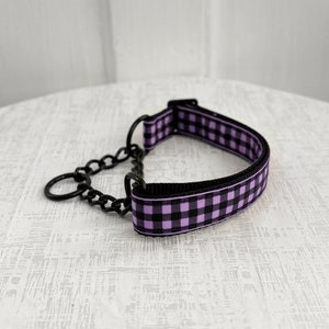Collar para perro Martingala Lila - Collar Martingala a Cuadros de Búfalo Morado, Cadena Metálica Negra de 5/8&quot;, 1&quot; o 1.5&quot;, Anti-tirón