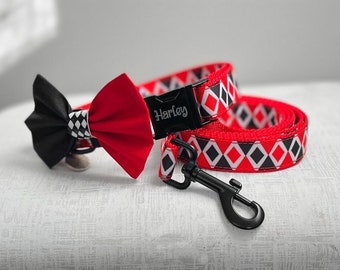 HARLEEN SET - Red and Black Diamond Dog Collar and Leash Set - 3 Piece Jester Collar and Leash Set - Villain Dog Collar with Bow and Leash