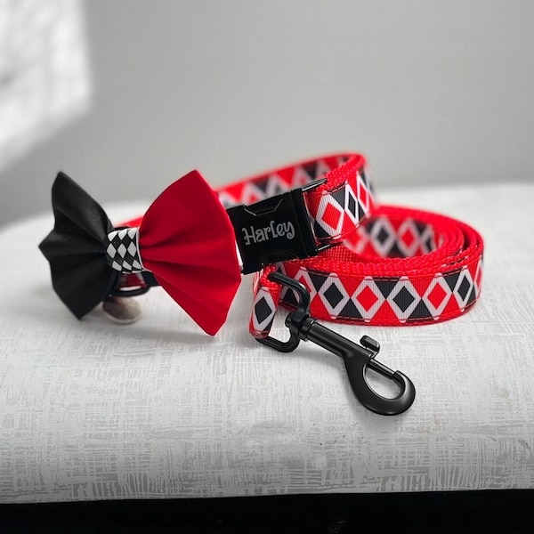 HARLEEN SET - Red and Black Diamond Dog Collar and Leash Set - 3 Piece Jester Collar and Leash Set - Villain Dog Collar with Bow and Leash