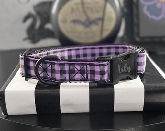 LILAC - Purple Plaid Dog Collar - Personalized Black Buckle Collar - 3/8" 5/8" 1" or 1.5" Girly Dog Collar - Lavender Buffalo Plaid Collar